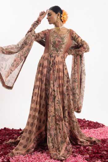 Samant Chauhan Floral Embroidered Bodice Anarkali With Dupatta 