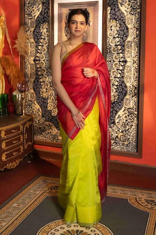 Zal From Benaras Colorblocked Pure Chanderi Silk Saree With Unstitched Blouse Piece 