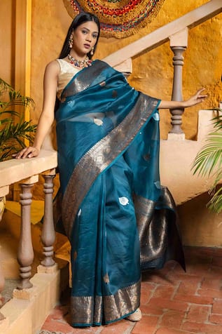 Zal From Benaras Spade Bloom Woven Banarasi Handloom Saree With Unstitched Blouse Piece 