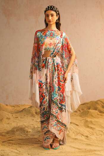Aditi Gupta Abstract Motifs Print Pre-Draped Saree Set With Cape 