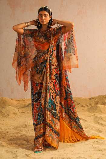 Aditi Gupta Abstract Print Pre-Draped Saree Set With Cape 