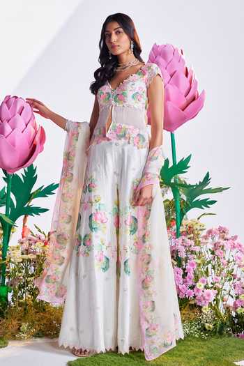 Nea By Nikita Tiwari Lotus Embroidered Peplum Top Sharara Set 