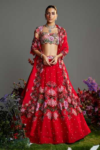 Nea By Nikita Tiwari Floral Embroidered Red Lehenga Set 