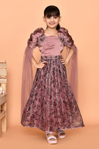 Floral Print Embroidered Puff Sleeve Gown 