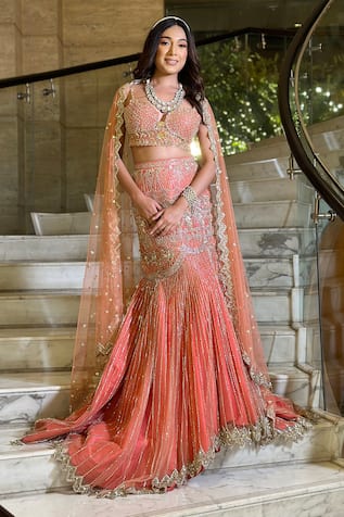 Isa By Dolly Wahal Coral Fishcut Embroidered Lehenga Set 