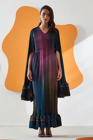 Pleats by Aruni Luna Gradient Lines Print Maxi Dress With Cape 