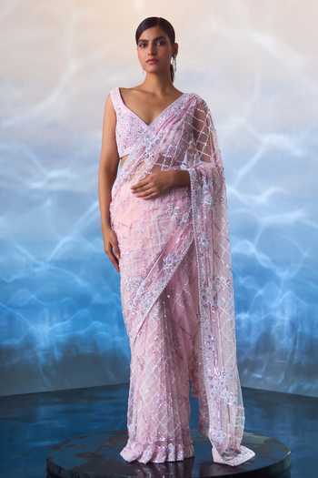 ANGAD SINGH Embroidered Jaal Work Saree With Blouse 