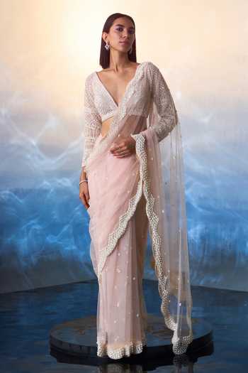 ANGAD SINGH Pearl & Sequin Meadow Embroidered Net Saree Set 