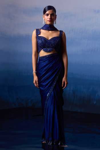 ANGAD SINGH Midnight Iris Border Embroidered Saree Set 