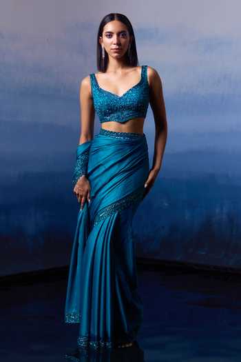 ANGAD SINGH Ocean Mirage Border Embroidered Saree Set 