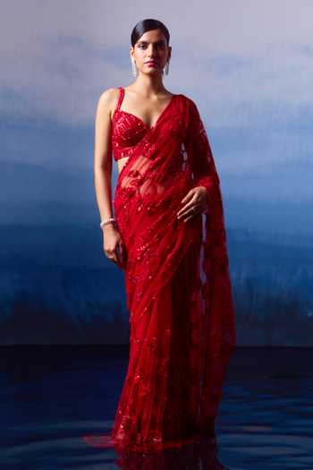 ANGAD SINGH Mystic Rosa Embroidered Net Saree Set 