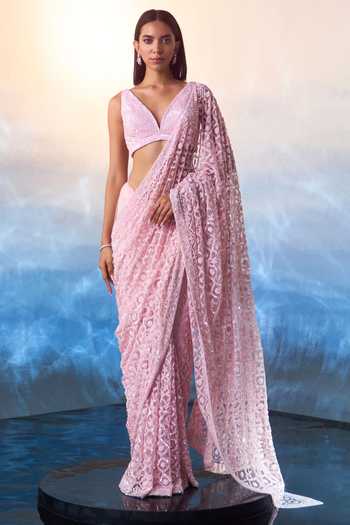 ANGAD SINGH Petunia Charm Embroidered Net Saree Set 