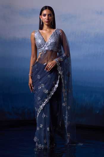 ANGAD SINGH Eden Floris Embroidered Net Saree Set 