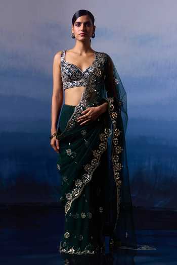 ANGAD SINGH Martian Floris Embroidered Net Saree Set 