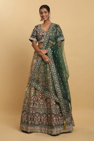 Aham-Vayam Mayur Floral Thread Embroidered Lehenga Set 