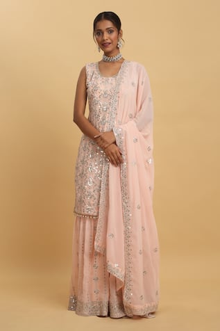 Aham-Vayam Floral Zardozi Embroidered Kurta Sharara Set 