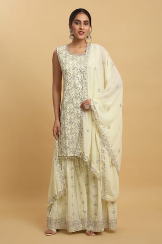 Aham-Vayam Zardozi Embroidered Pastel Kurta Sharara Set 