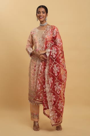 Aham-Vayam Floral Vine Thread Embroidered Kurta Pant Set 