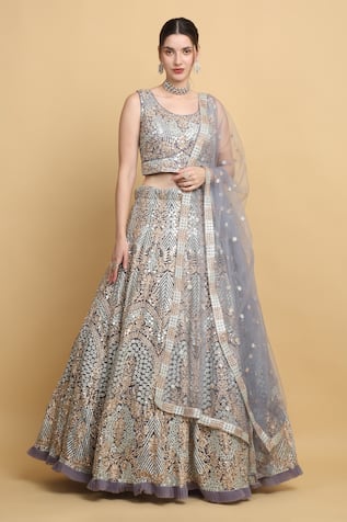 Aham-Vayam Mayurupwan Zari Embroidered Floral Lehenga Set 