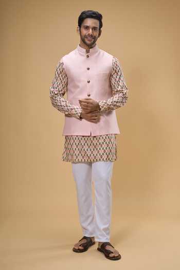 Spring Break Peach Ikat Print Bundi Kurta Set 