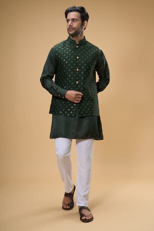 Emerald Green Sequin Quad Bundi Kurta Set For Kids