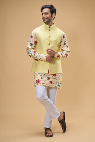 Bloom Vine Print Kurta Bundi Set For Kids