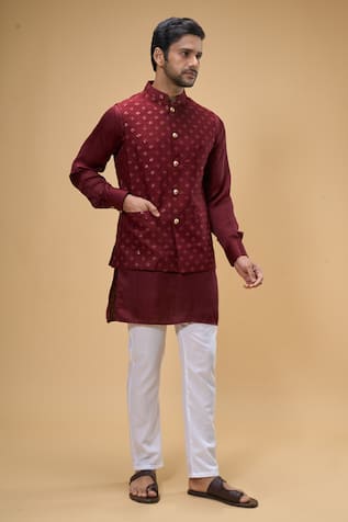 Maroon Sequin Bloom Quad Bundi Kurta Set For Kids