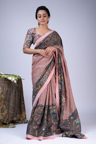 AAMRA BY LAVANYA Silk Kalamkari Hand Painted Saree With Unstitched Blouse Piece 