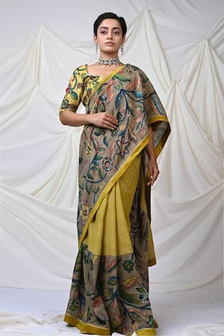 AAMRA BY LAVANYA Floral Kalamkari Hand Painted Saree With Unstitched Blouse Piece 