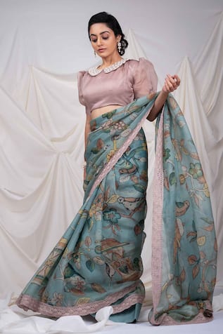 AAMRA BY LAVANYA Bird Cage Theme Hand Painted Saree With Unstitched Blouse Piece 