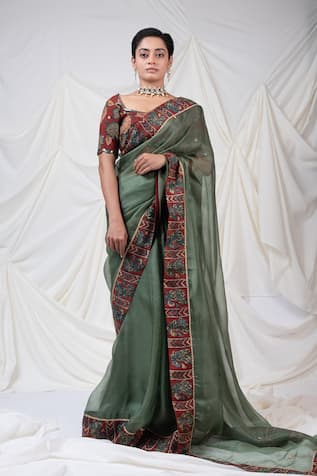Aamra By Lavanya Peacock Kalamkari Border Saree With Unstitched Blouse Piece 