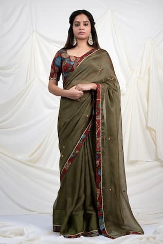 AAMRA BY LAVANYA Contrast Kalamkari Border Saree With Unstitched Blouse Piece 