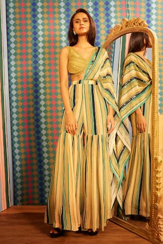 Sandhya Shah Lois Stripe Print Sharara Saree Set 