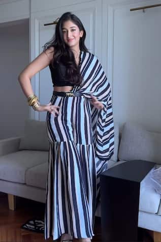 Black Stripe Print Embellished Sharara Saree Set For Kids