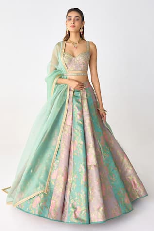 Shyam Narayan Prasad Floral Woven Pleated Lehenga Set 