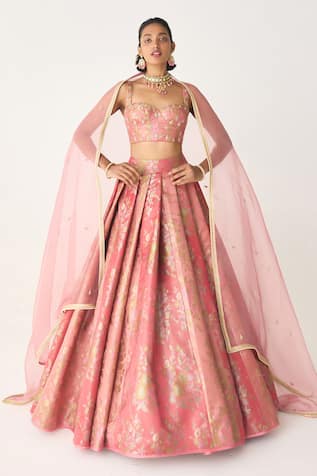 Shyam Narayan Prasad Flower Woven Pleated Lehenga Set 