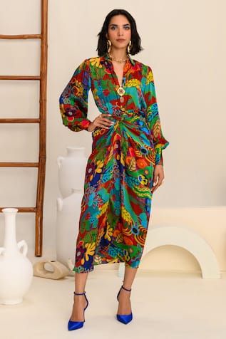 JUHI BENGANI Abstract Floral Print Shirt & Draped Skirt Set 