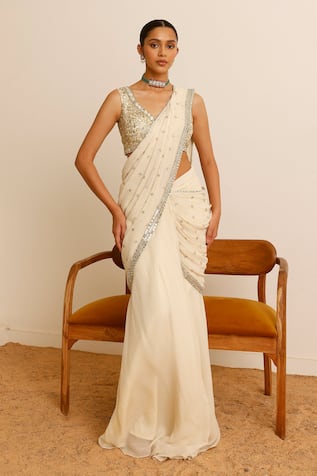 Studio Iris India Magnolia Sequin Embroidered Pre-Draped Saree With Blouse 