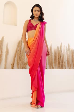 Studio Iris India Mimosa Ombre Pre-Draped Saree With Embroidered Blouse 