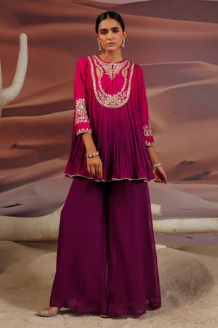 Adi By Aditya Khandelwl Pleat Embroidered Yoke Top With Palazzo 