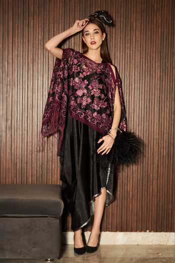 Tasuvure Indes Black Velvet Slip Dress & Floral Fringe Cape 
