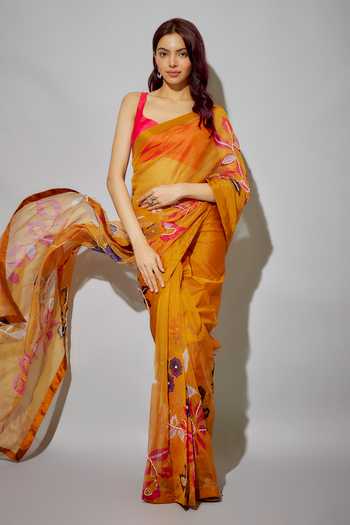 Krishna Padia Flower Print Pre-Draped Saree With Blouse 