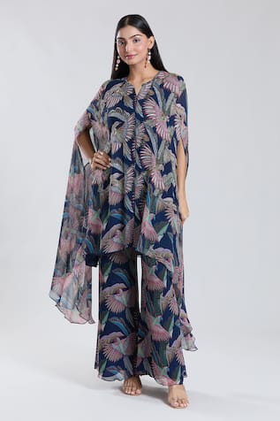 Preeti Jhawar Bird Motif Cape Kurta & Palazzo Set 