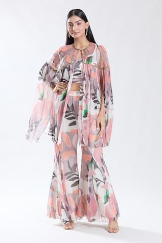 Preeti Jhawar Tropical Abstract Pattern Cape & Sharara Set 