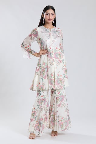 Preeti Jhawar Bloomy Print & Sequin Yoke Embroidered Kurta With Sharara 