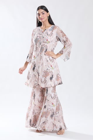 Preeti Jhawar Tropical Era Print & Sequin Yoke Embroidered Kurta With Sharara 