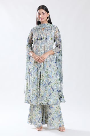 Preeti Jhawar Macaw Print & Embroidered Anarkali Set 