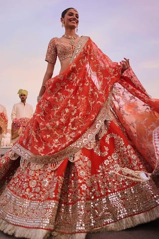 Abhinav Mishra Chanderi Floral Embroidered Bridal Lehenga Set 