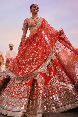 Abhinav Mishra Chanderi Floral Embroidered Bridal Lehenga Set