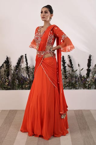 Nayna Kapoor Saffron Sunset Pre-Draped Saree With Blouse 